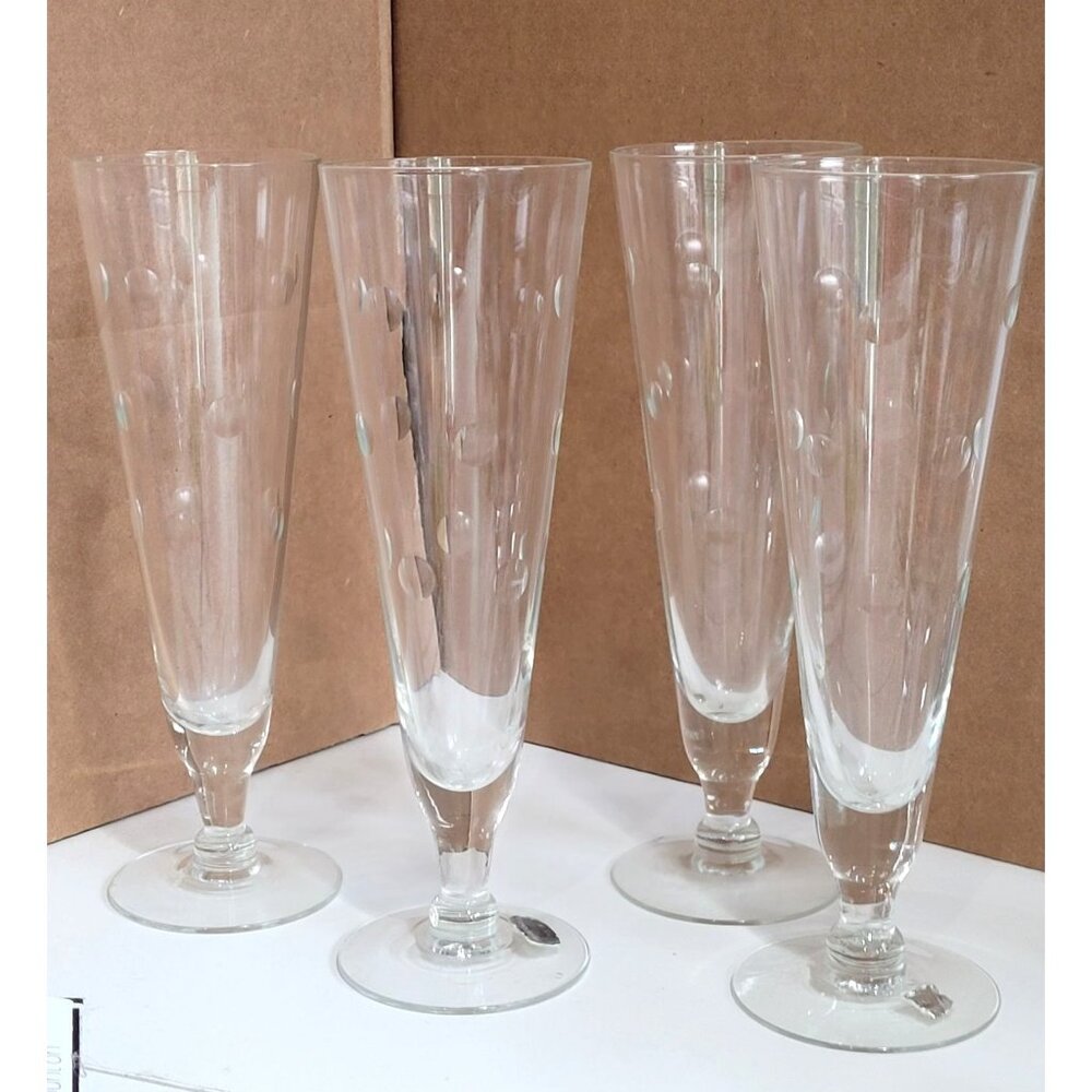 Vintage Mountaineer Etched Crystal Pilsner Glasses Set Of 4 Coin Dot Design Eleg